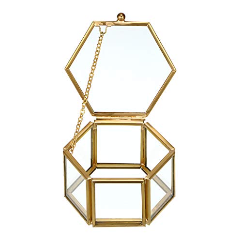 Hipiwe Glass Vintage Jewelry Box - Golden Geometric Jewelry Display Organizer Keepsake Box Case Home Decorative Box for Storage Trinket Ring Earring Chest (Small) - color: Gold, size: Small
