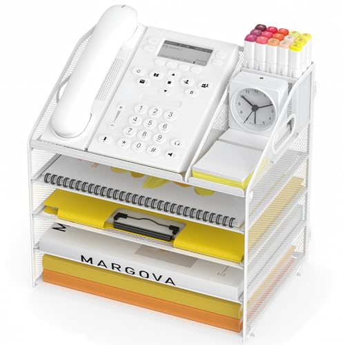 Letter Tray Paper, 5 Tier Desk Organizer with Pen Holder and Handle, Mesh File Organizer Paper Sorter Metal Desktop Document Shelf for Office Home Classroom - White - color: 5 Tier-white