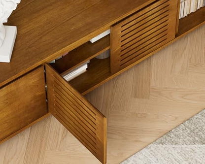 LKTART Mid Century Modern TV Stand,Extendable Entertainment Center for 65/70/75/80 Inch TV,Media Console for Living Room&Bedroom, Brown Ebony - color: Extendable Brown Ebony