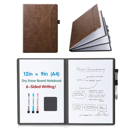 CoBak 6 Sides Portable White Board 12x9 inch (A4) - Notebook Design Dry Erase Small Board with Pocket and 3 Markers, Anti-Ghosting Surface for Office, School, Homeschool with Gift Box (Brown) - color: Brown, size: 12" X 9" X 6 Sides