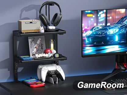 2-Tier Desk Shelf, Black | Desk Organization Expandable Clamp on Desk Shelf Desktop Accessories for Offices and Game Rooms - color: Black