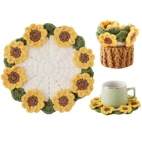 Flower Crochet Coasters, Handmade Bouquet Blanket Coaster with Crochet Plant Pot Fun Soft Decorative Drink Coasters for Coffee Tabletop Protection and Home Decor (Yellow, 1Pc) - color: Yellow, size: 1Pc