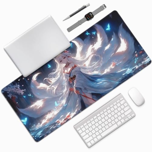 Japanese Mouse Pad, Moon and Cloud Desk Mat, Aesthetic Gaming Desk Pad 35.4 x 15.7 Inch, Non-Slip Rubber Base with Stitched Edges for Office and Gaming - color: Green And Gold