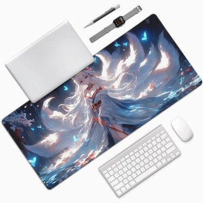Japanese Mouse Pad, Moon and Cloud Desk Mat, Aesthetic Gaming Desk Pad 35.4 x 15.7 Inch, Non-Slip Rubber Base with Stitched Edges for Office and Gaming - color: Green And Gold