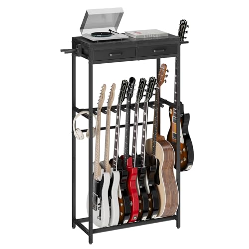 ELYKEN Guitar Stand, Guitar Rack with 2 Hangers and Storage Drawers for Guitar Accessories, Multiple Guitar Holder for Acoustic Electric Guitar, Bass, Ukulele, Instrument, Music Studio, Black - color: Black, size: 7-9 Guitars