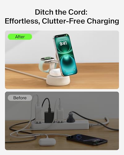 Belkin MagSafe Charger Compatible, 3-in-1 Charging Station, Qi2.2 25W w/Cooling Fan (On/Off Control) Magnetic Wireless Charger for iPhone 17, Apple Watch, AirPods, Pixel 10 (45W Adapter Included) - color: Sand, style: 3 in 1