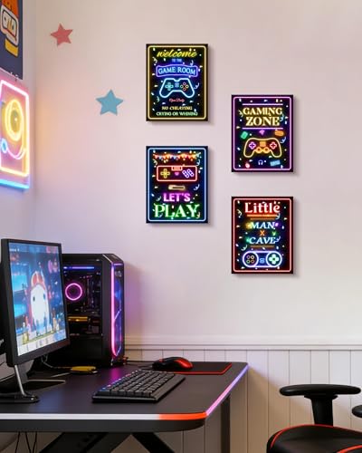 Video Game Decor for Teen Boys Gaming Wall Neon Sign Gamer Room Welcome Little Man Cave Teenage Bedroom Posters Decor Ready to Hang Set of 4, 8x10in (Framed) - size: 10L" x 8W" x 4 Panels