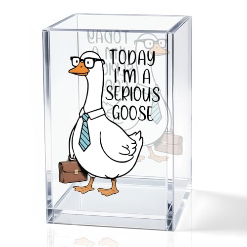 Today I'm A Serious Goose Acrylic Cosmetic Pencil Holder Cup, Funny Silly Goose Pen Holder Gifts For Women Men Friends HR Boss, Office Sarcastic Humor Gifts for Coworkers, Goose Lover Present - color: white & brown