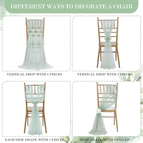 Moukeren 16 Packs Sage Green Pearls Chair Sashes 8ft Sheer Fabric Wedding Aisle Chair Decorations Fabric Sheer Church Seat Slipcovers Drapes with Ribbon Tape for Party Banquet Wedding Bridal Shower - color: Sage Green, style: Pearls