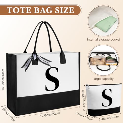 Aliceset Initial Gifts for Women Monogram Canvas Tote Bag and Makeup with Zipper and Initial Glass Coffee Cup Gifts for Her - style: Letter S