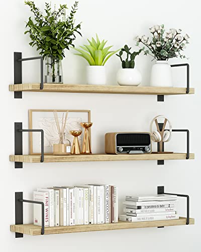 Floating Shelves, 24 Inches, Easy to Install, Wall Mounted, Set of 3, Rustic Wood for Décor, Storage for Living Room, Bathroom, Bedroom - color: Wooden