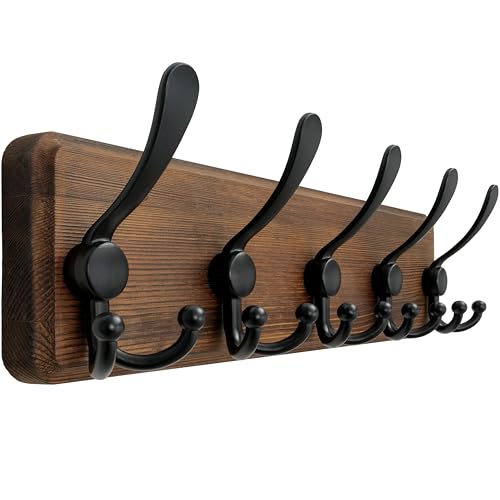 Dseap Coat Rack Wall Mounted - 5 Tri Hooks, Heavy Duty, Wooden Wall Coat Hanger Coat Hook for Clothes Hat Jacket Clothing, Natural & Black - color: Natural & Black, size: L=17.4"