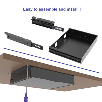 Under Desk Mounted Slide out Drawer, W 13.4" x D 9.3" Storage Organizer with Cable Management，Pull Out Add-On Storage for Office & Standing Desks with High Crossbar, Metal, Black (Medium)