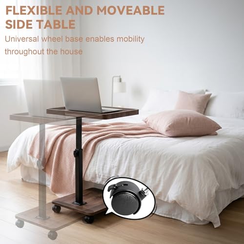 Adjustable Height C Table Side Table with Wheels, 360°Swivel C-Shaped Snack Table with Storage Shelf for Small Spaces, Couch Tray Table, Wood Overbed Sofa Table for Couch Bed Work Eating