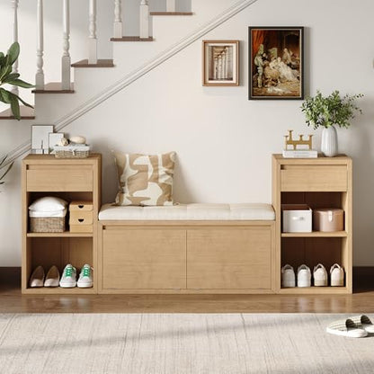 JIJIWANG 77.48" W Entryway Storage Bench with Cushion, 4-in-1 Hallway Bench with Drawers, Compartments and Open Shelves, Mudroom Bench for Shoes and Storage, Brown - color: Brown