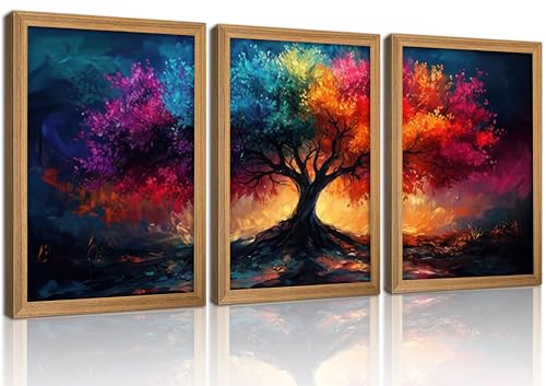 3Pcs Framed Colorful Tree of Life Canvas Wall Art, Vibrant Abstract Nature Poster, Boho Wall Decor for Living Room Bedroom Office - color: Multicolor, size: 24"L x 16"W