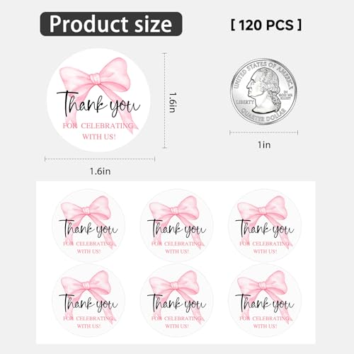 120 x Pink Bow Thank You Stickers, Coquette Wedding Favor Stickers for Bridal Shower, Blush Pink Ribbon Envelope Seals for Invitations, Gift Bags, Cookie Boxes & Party Favors, 1.6 Inch - style: With us