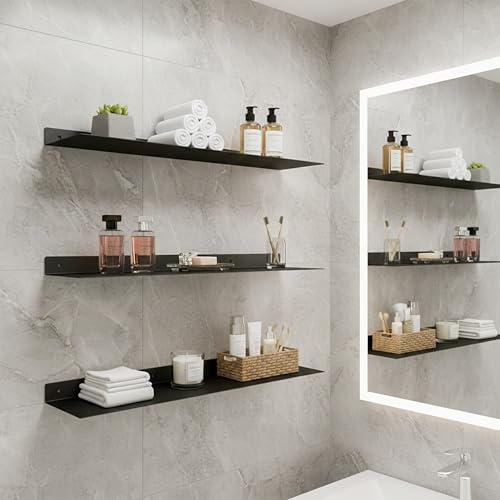 SIMOND STORE Black Metal Shelf 36" X 8" X 2.5" Wall Mount Shelf for Home TV | Steel Industrial Heavy Duty Renter Friendly Shelves, Floating Shelves for Wall, black metal wall shelf for TVs, decor, gaming - size: 36-inch X 8-inch Powder Coated Black
