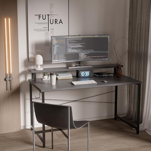 Pamray 47 Inch Small Computer Desk with Monitor Stand, Simple Office Desk with Headphone Hook for Small Spaces, Kids Study Writing Table for Bedroom, Grey - color: Grey, size: 47 Inch