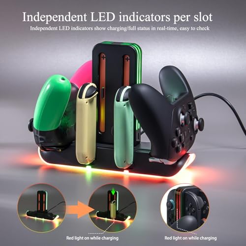Switch 2 Charging Station for 4 Joy-Con & 2 Pro Controllers, 6-in-1 Fast Charging Dock with RGB LED Indicator, Compatible with Nintendo Switch 2/1/OLED