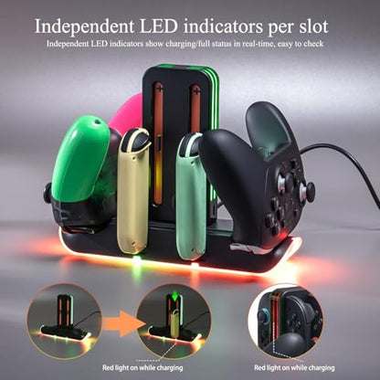 Switch 2 Charging Station for 4 Joy-Con & 2 Pro Controllers, 6-in-1 Fast Charging Dock with RGB LED Indicator, Compatible with Nintendo Switch 2/1/OLED