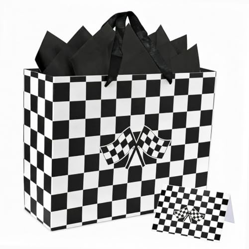 Black and White Checkered Road Party Gift Bags with Greeting Cards Tissue Papers Games Goodie Bags Gift Packaging Storage for Race Car Themed Birthday - color: Themed 6