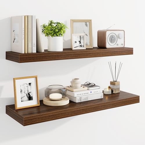 Marsmiles 32" Floating Shelves for Wall, Wooden Shelves with Invisible Brackets Set of 2, Rustic Farmhouse Wall Mounted Shelf for Kitchen Bathroom Living Room Study, Walnut - color: Walnut, size: 32"