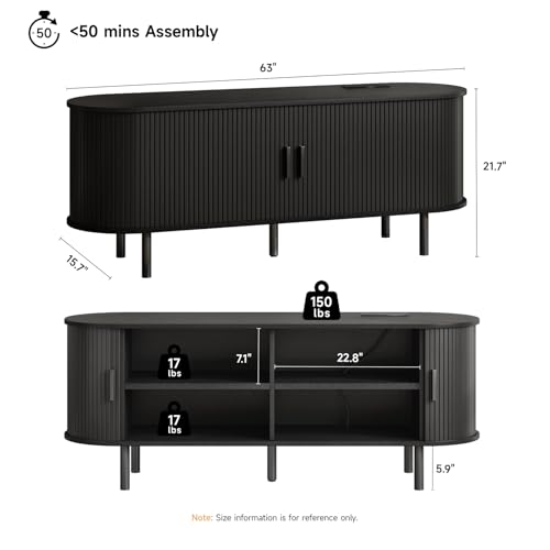 ONBRILL 63" TV Stand with Power Outlet for TVs up to 70 Inch, Entertainment Center with Storage and Adjustable Shelves, Modern Media Console with Sliding Doors for Living Room, Black - color: Black, size: 63 Inch