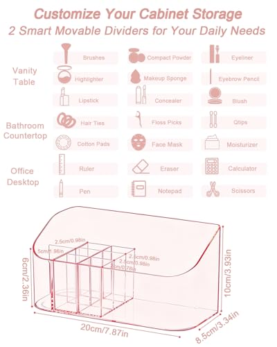 Makeup Tray Holder Organizer Cosmetic Display Case Tabletop Desktop Vanity Countertop Bathroom Wall Cabinet Medicine Storage Box 9 Dividers 2 Removable Women Ladies Girls Gifts Crystal Pink 1 PACK - color: Crystal Pink