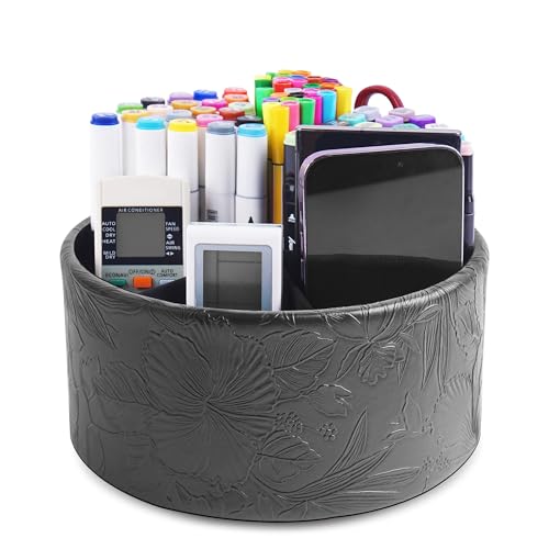 lizimandu Remote Control Holder, 360°Spinning PU Leather Desk TV Remote Caddy,Desk Storage Box Room Accessories for Controller, Media,Mail,Calculator, Mobile Phone,Pencil(1B-Carved Black) - color: 1B-Carved Black