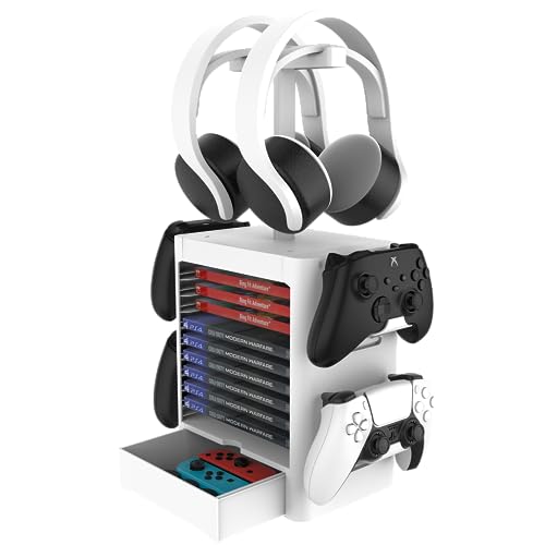 Multifunctional Game Disk Storage Tower Holder,Game Disk Rack and Controller/Headset Stand Holder Compatible with Xbox Series X/Nintendo Switch/PS5/PS4-White - color: white