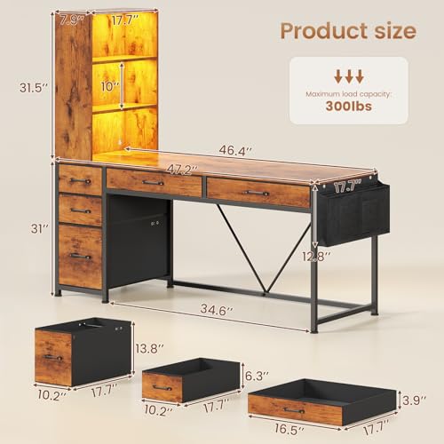 SEDETA Computer Desk with 5 Drawers and Bookshelf, Reversible Home Office Desk with Storage Shelves and File Drawer, Gaming Corner Desk with LED Lights for Small Spaces, Rustic Brown - color: Rustic Brown