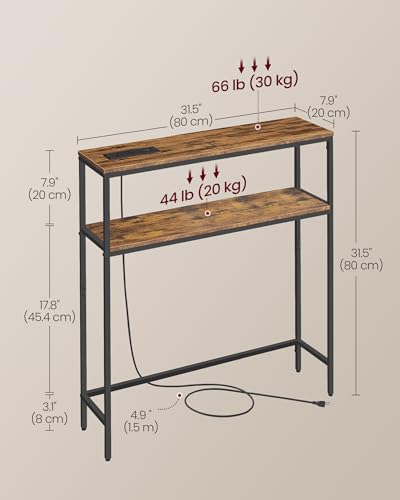 VASAGLE Console Table with Power Outlet, 2-Tier Narrow Sofa Table with 2 Shelves, 7.9 x 31.5 x 31.5 Inches, for Living Room, Hallway, Entryway, Rustic Brown and Ink Black ULNT135K01 - color: Rustic Brown + Ink Black, size: 31.5"W - With Power Outlet