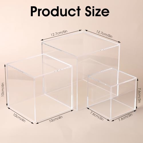 3 Pcs Acrylic Boxes for Display, 3" 4" 5" Small Square Clear Acrylic Cube with Hollow Bottoms, Nesting Riser Display Stand Shelf Food Risers for Buffet Table Dessert Collectibles Jewelry Figures Show