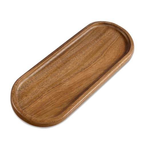 TJ POP Acacia Wood Serving Tray, Wooden Decorative Tray for Coffee Table, Kitchen, Bathroom Counter - Wood Platter for Candles, Perfume, Snacks (11.4 x 4.1 x 0.6 in) - color: Oval Serving Tray