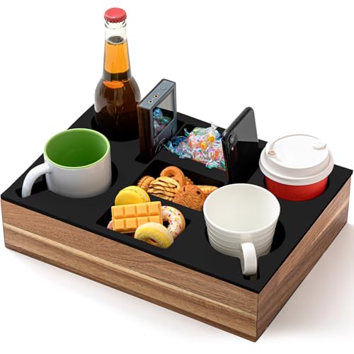 Yerliker Couch Cup Holder Tray, Silicone Lining Couch Caddy Waterproof Anti-spill Sofa Cup Holder for Bed Car Seat Organizer, Hold Mugs, Drinks, Snacks, Phones, Remotes(Rectangle,Black,Acacia) - color: Black, size: Acacia