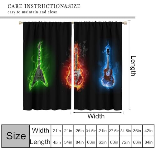 Guitar Curtains, Fire Burning Electric Guitar Rock Music Theme Window Curtains Drapes for Bedroom Living Room Home 42" W X 45" L(No Blackout) - color: Musical-1, size: 20.5"W x 45"L (Pack of 2)