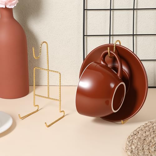 2 Pcs Tea Cup and Saucer Display Holder Spiral Style Metal Saucer Organizer Plate Coffee Mug Hanger Stand Tray Easel Holder Storage Rack for Afternoon Tea Party (Gold)