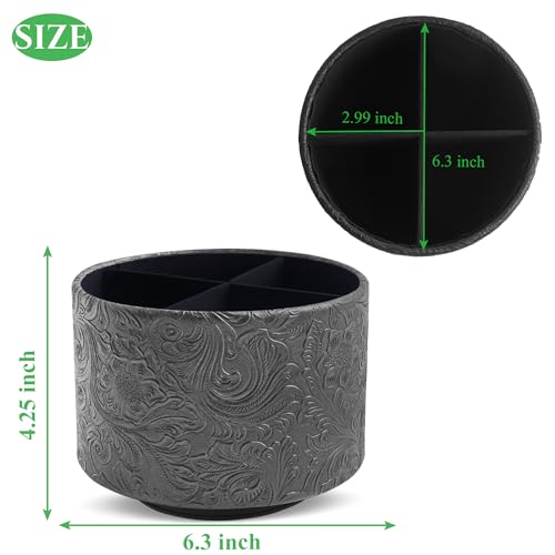 lizimandu Round Leather Art Supply Organizer,Remote Control Holder,360 Degree Spinning,Multi-Functional Pencil Holder,4 Compartments Desktop Stationary Organizer(1-Carved Black) - color: 1-Carved Black