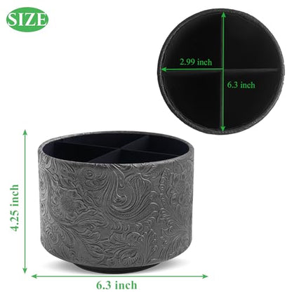 lizimandu Round Leather Art Supply Organizer,Remote Control Holder,360 Degree Spinning,Multi-Functional Pencil Holder,4 Compartments Desktop Stationary Organizer(1-Carved Black) - color: 1-Carved Black