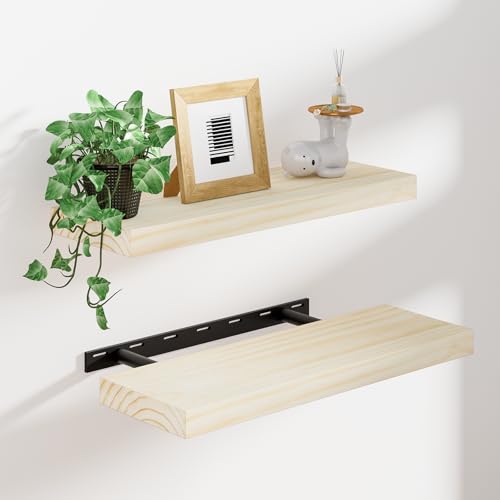 Heimlove Unfinished Wood Floating Shelves, Pine Shelves for Wall Set of 2, Wall Mounted Rustic Wood 8 Inch Deep Floating Shelf with Invisible Brackets for Bedroom Kitchen Living Room - Natural, 16x8 - color: Natural, size: 16”Wx8”Dx1.6”H
