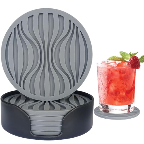 6Pcs Rubber Coasters for Drink with Holder,Silicone Cup Mat Plastic Coaster | Non-Stick, Non-Slip, Thickened Outdoor Plastic Coasters Set, Live for Hot or Cold Drink Table Rubber Glass Coaster - color: Pure Gray-plastic Holder