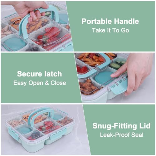 Large Snackle Box Container with 2 Sauce Cups, 8-Compartment Divided Serving Tray with Lid & Handle, Portable Snack Tray for Travel Picnic, Leak-Proof, Dishwasher Safe, BPA-Free - color: Green