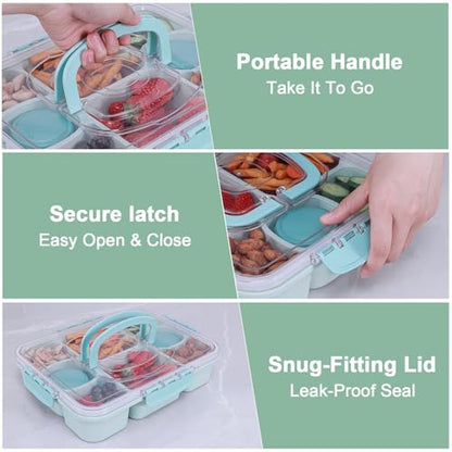 Large Snackle Box Container with 2 Sauce Cups, 8-Compartment Divided Serving Tray with Lid & Handle, Portable Snack Tray for Travel Picnic, Leak-Proof, Dishwasher Safe, BPA-Free - color: Green