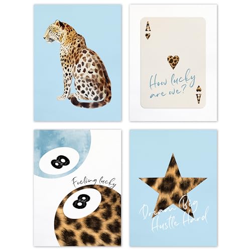 TLESKE Blue Preppy Cheetah Leopard Posters Prints Unframed 12x16 Set of 4, Dark Blue Trendy Lucky 8 Balls Wall Art Prints Decor for Teen Girls Dorm Bedroom, Retro Cheetah Print Wall Pictures - color: blue cheetah, size: 16L" x 12W"