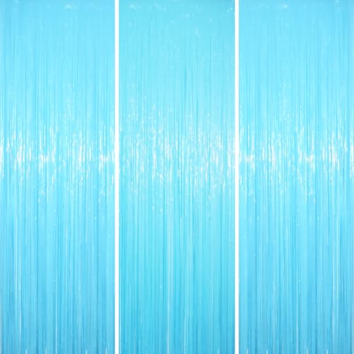 Voircoloria 3 Pack 3.3 x 8.2 ft Pastel Blue Foil Fringe Backdrop Curtains, Tinsel Streamers Birthday Party Decorations, Fringe Backdrop for Graduation, Baby Shower, Gender Reveal, Disco Party - color: 16 Pastel Blue