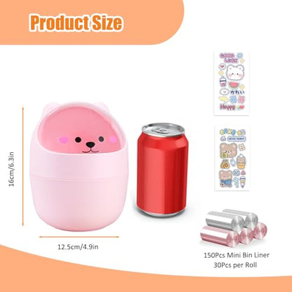 Cute Desktop Tiny Trash Can with Flip Lid, Creative Kawaii Bear Mini Wastebasket, Portable Countertop Dustbin for Office Kitchen Vanity Tabletop Bedroom (Pink) - color: Pink