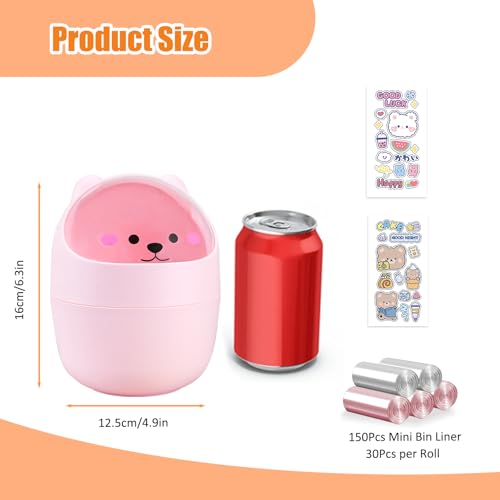 Cute Desktop Tiny Trash Can with Flip Lid, Creative Kawaii Bear Mini Wastebasket, Portable Countertop Dustbin for Office Kitchen Vanity Tabletop Bedroom (Pink) - color: Pink
