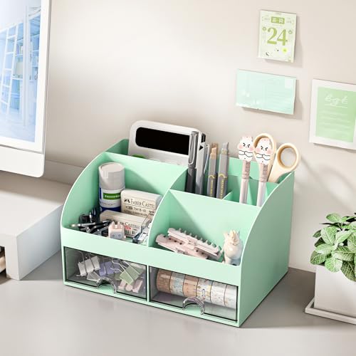 COMFYROOM Desk Organizer with 6 Compartments and 2 Drawers, Plastic Makeup Organizer, Pen Holder for Desktop Storage, Desk Organization for School, Home, Office Supplies (Mint Green) - color: Mint Green
