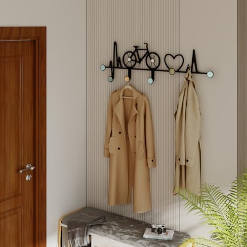 7-Hook Wall Mounted Coat Rack, Creative Note & Bicycle Design with Natural Seashell Decor, Heavy Duty Entryway Hanger for Hallway, Wall Decoration Bedroom, Includes Hardware and Adhesive - style: Creative Note